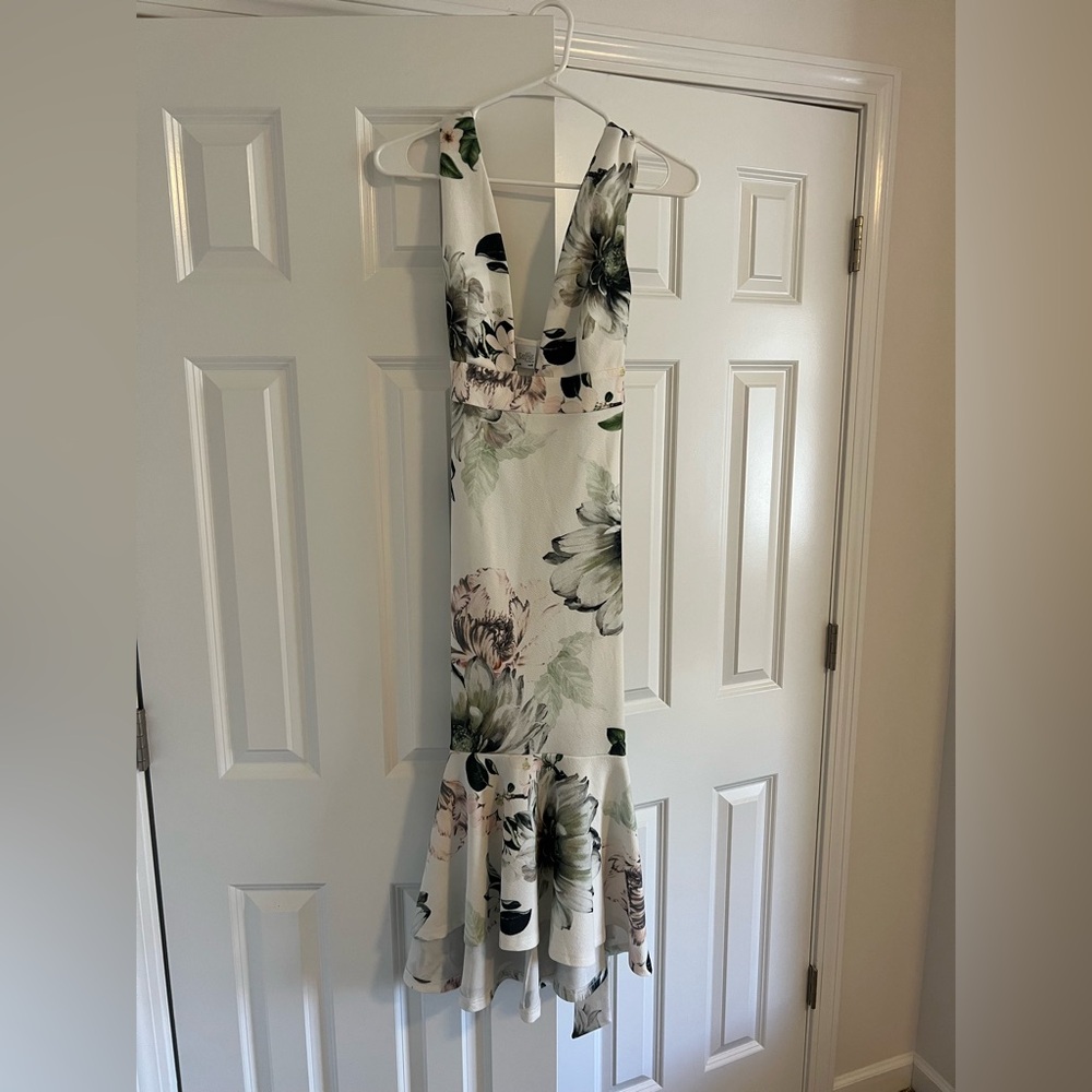 Floral Midi Dress with Plunge Neckline - White Floral